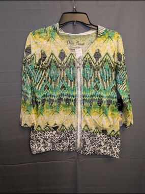 Onque Casuals Patterned Zip-Front Cardigan - Yellow, Green, Black